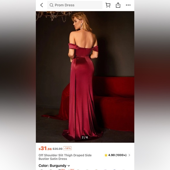 Off Shoulder Slit Thigh Draped Side
Bustier Satin Dress - Picture 2 of 4